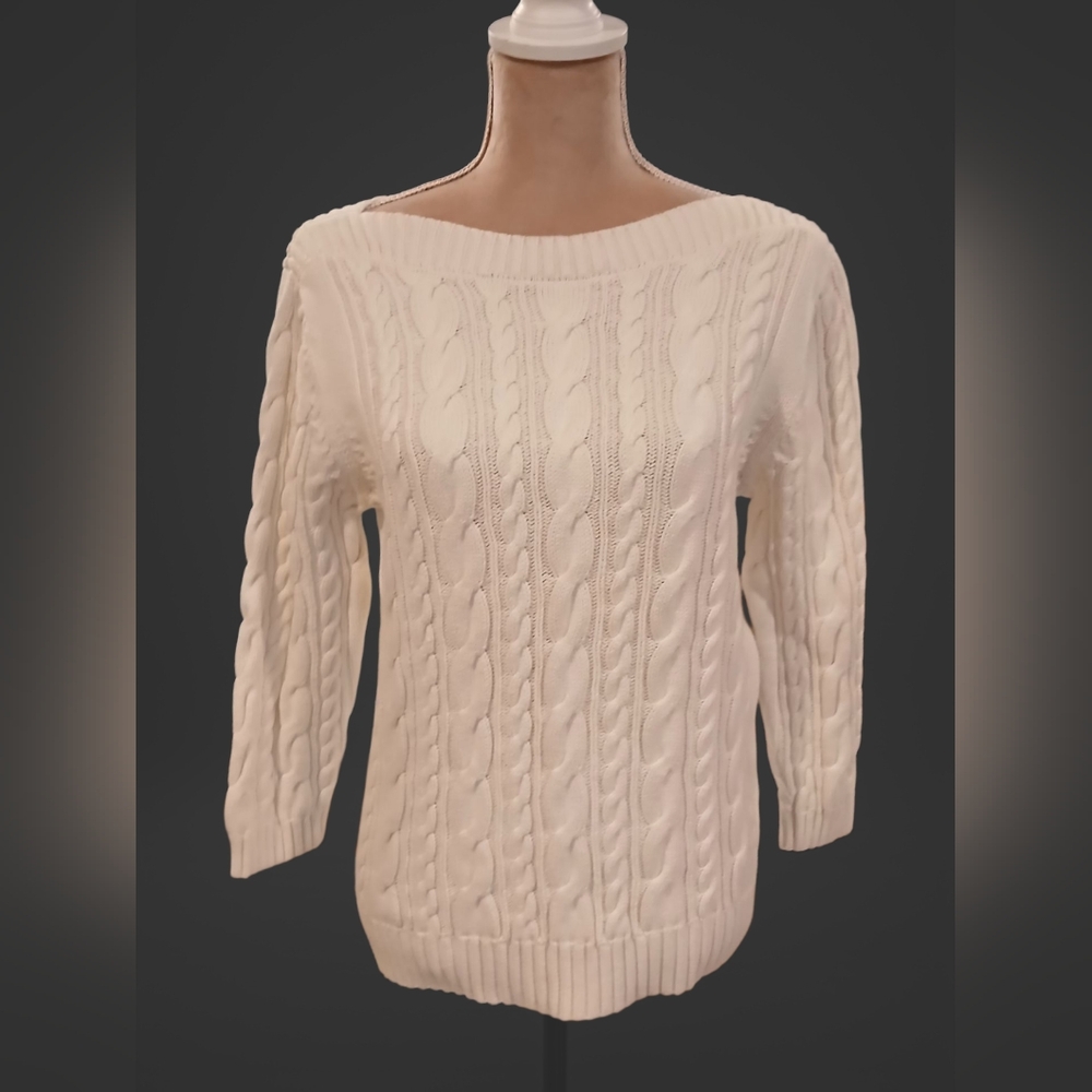 Lands End White Cableknit Gold Anchor Button Sweater Old Money Medium Fisherman